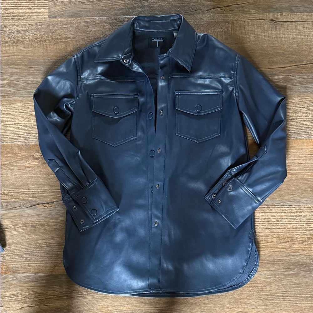 Navy Faux Leather Button-Up Shirt/jacket